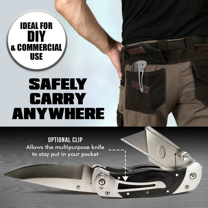 Load image into Gallery viewer, Premium Utility Knife, Folding Pocket Knife Combo, Box Cutter, Heavy Duty Dual Blades W/Belt Clip Gift Set for Dad Carpenter or Construction Worker
