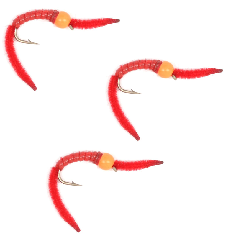 Load image into Gallery viewer, 3 Pack San Juan Power Worm Hot Head Orange Bead Red V-Rib - Hook Size 12
