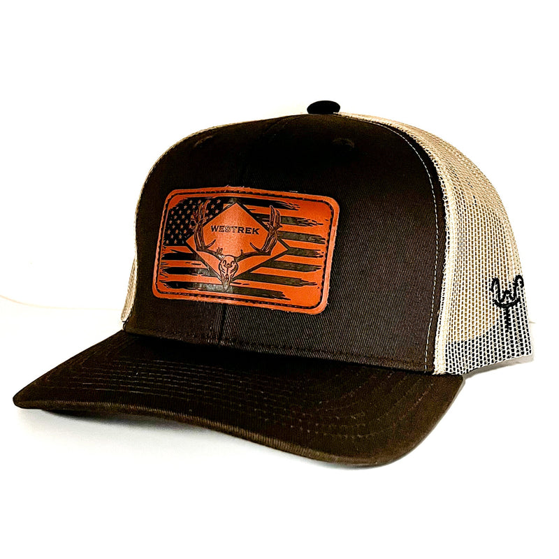 Load image into Gallery viewer, “American Skull Buck” Trucker Hat – Classic Leather Patch | Brown &amp; Tan Western Hunting Cap | Westrek
