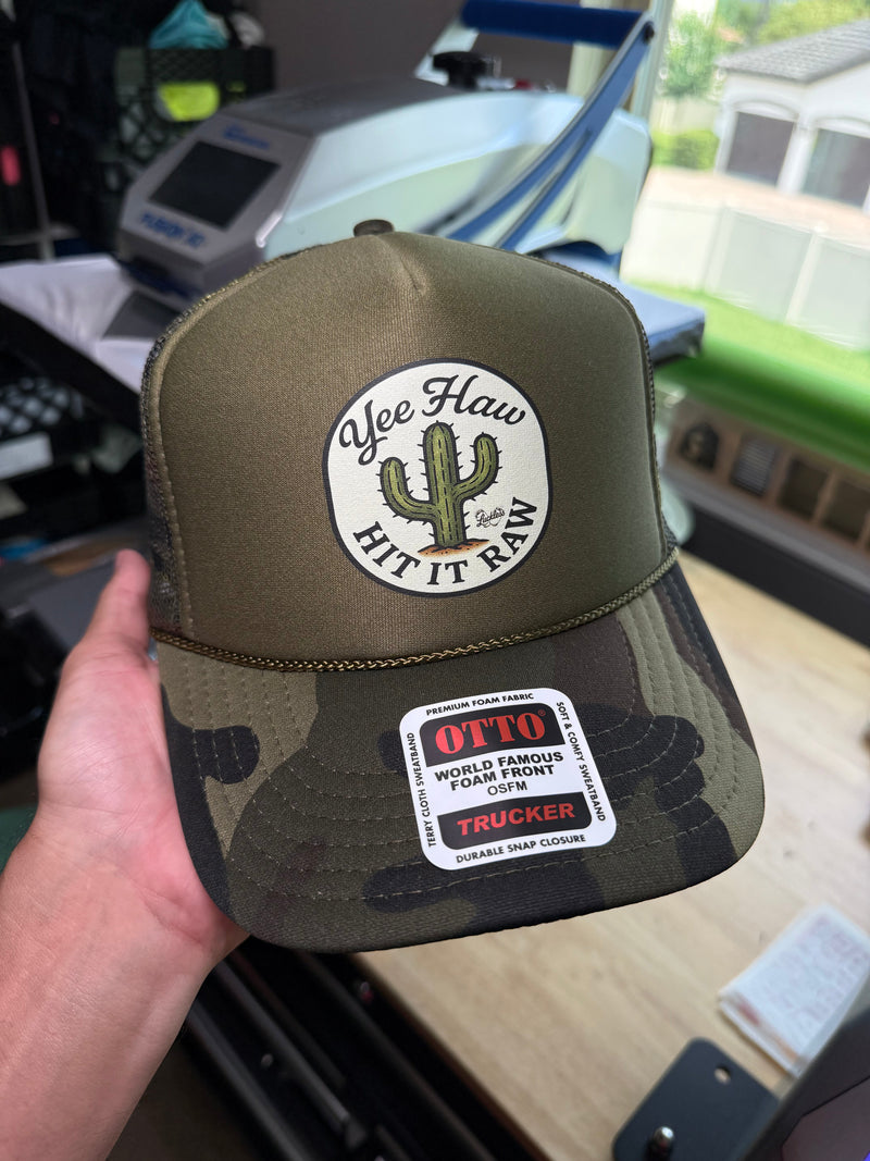 Load image into Gallery viewer, Yee Haw Hit it Raw Camo Trucker
