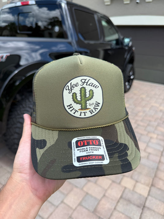 Yee Haw Hit it Raw Camo Trucker