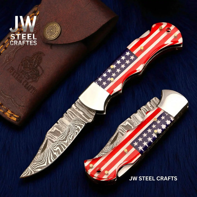 Load image into Gallery viewer, American Flag Damascus Folding Hunter with Ram Horn Handle
