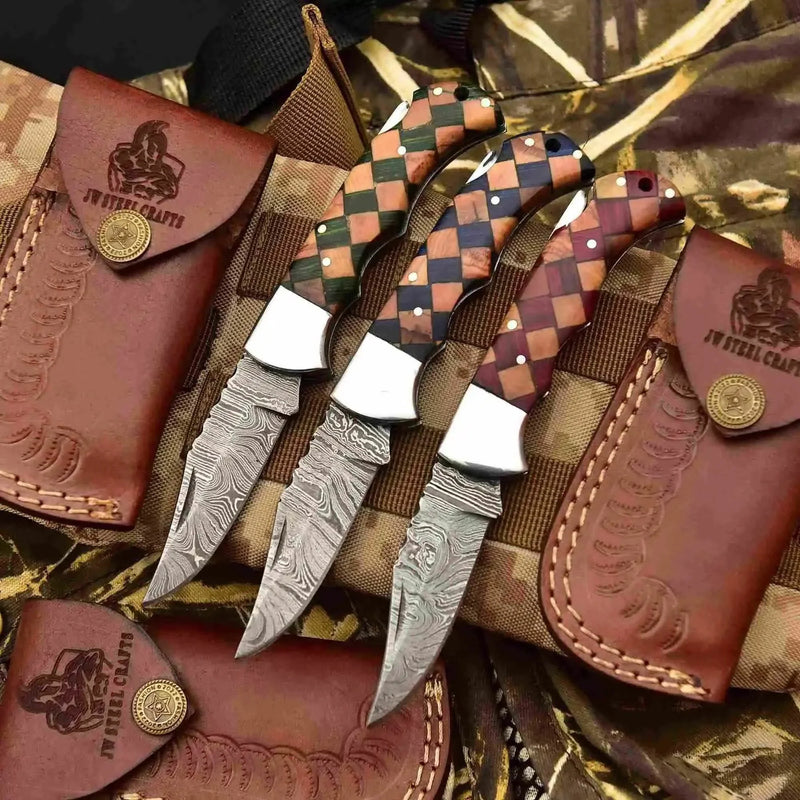 Load image into Gallery viewer, Checkered Damascus Folding Knife Set with Wood Handle

