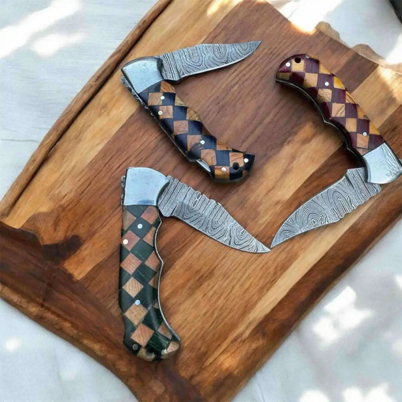Load image into Gallery viewer, Checkered Damascus Folding Knife Set with Wood Handle
