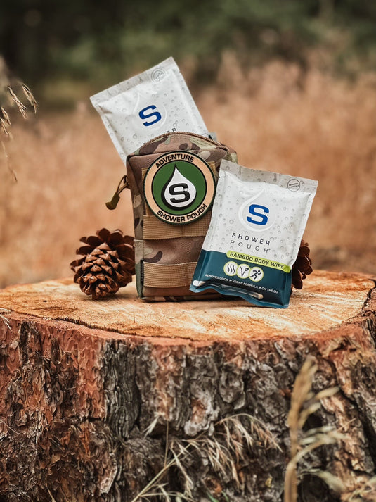 Tactical Molle Zipper Bag + Adventure Sampler Kit: 4 Shower Pouches, 1 Hand Sanitizer (80%), and 1 Deodorant