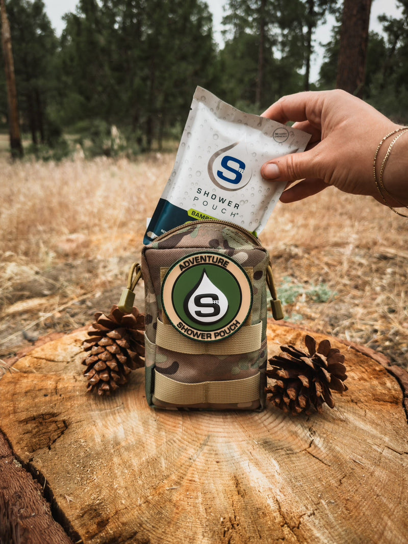 Load image into Gallery viewer, Tactical Molle Zipper Bag + Adventure Sampler Kit: 4 Shower Pouches, 1 Hand Sanitizer (80%), and 1 Deodorant
