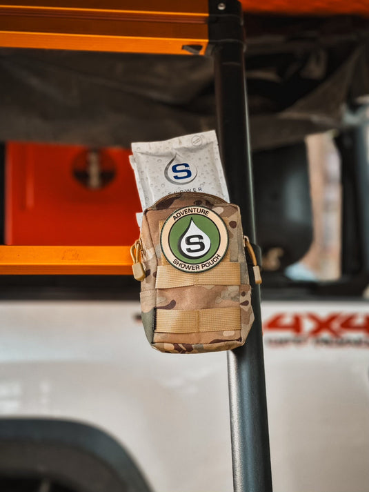 Tactical Molle Zipper Bag + Adventure Sampler Kit: 4 Shower Pouches, 1 Hand Sanitizer (80%), and 1 Deodorant