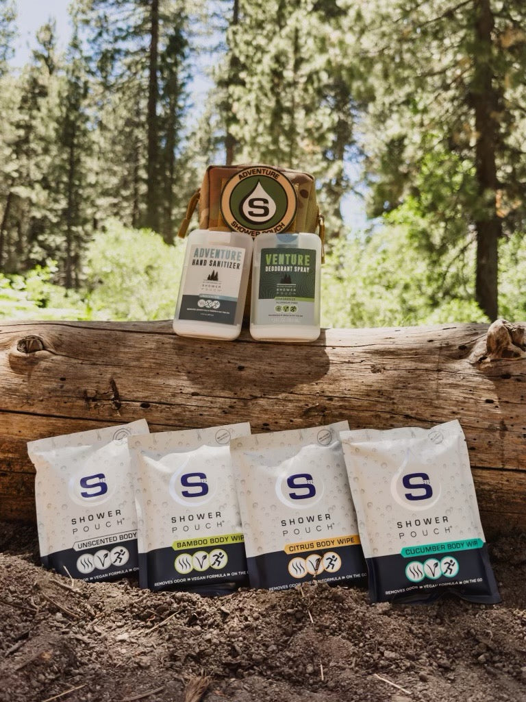 Load image into Gallery viewer, Tactical Molle Zipper Bag + Adventure Sampler Kit: 4 Shower Pouches, 1 Hand Sanitizer (80%), and 1 Deodorant
