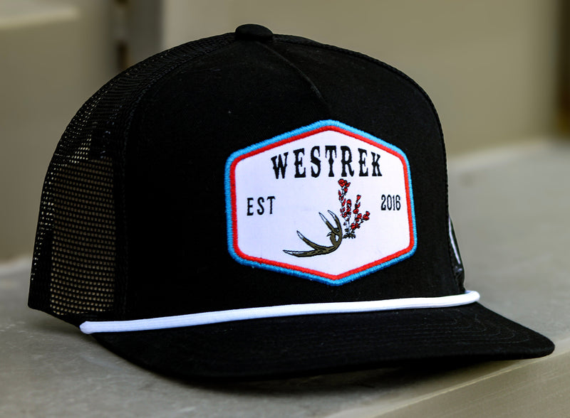 Load image into Gallery viewer, Black “Indian Paintbrush with Deer Antler” Trucker Hat – Western Hunting Hat | Westrek
