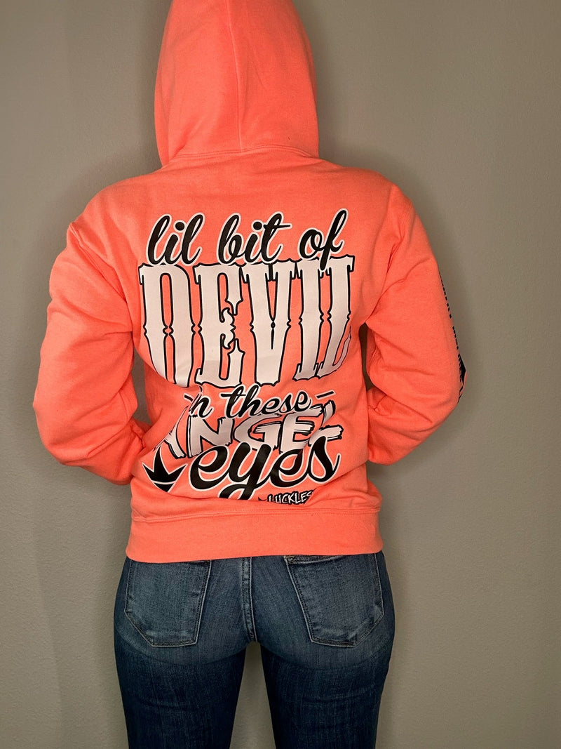 Load image into Gallery viewer, Lil Bit Of Devil in these Angel Eyes Hoodie
