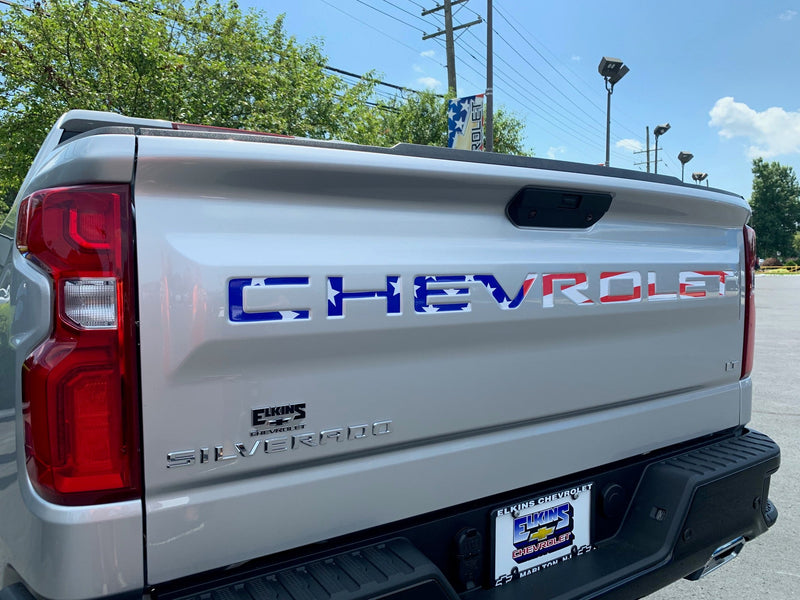Load image into Gallery viewer, American Flag Tailgate Word Inserts for 2019 - 2024 Chevrolet Silverado Truck
