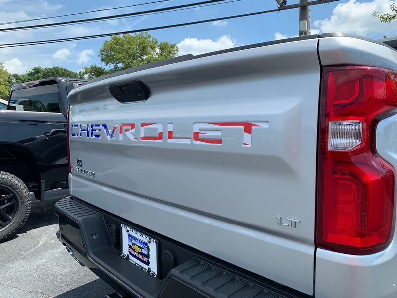 Load image into Gallery viewer, American Flag Tailgate Word Inserts for 2019 - 2024 Chevrolet Silverado Truck
