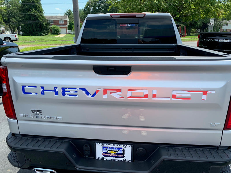 Load image into Gallery viewer, American Flag Tailgate Word Inserts for 2019 - 2024 Chevrolet Silverado Truck
