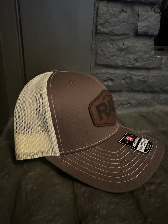 Rad Accessories Snap Back Leather Patch Trucker Hat Chocolate Chip & Birch