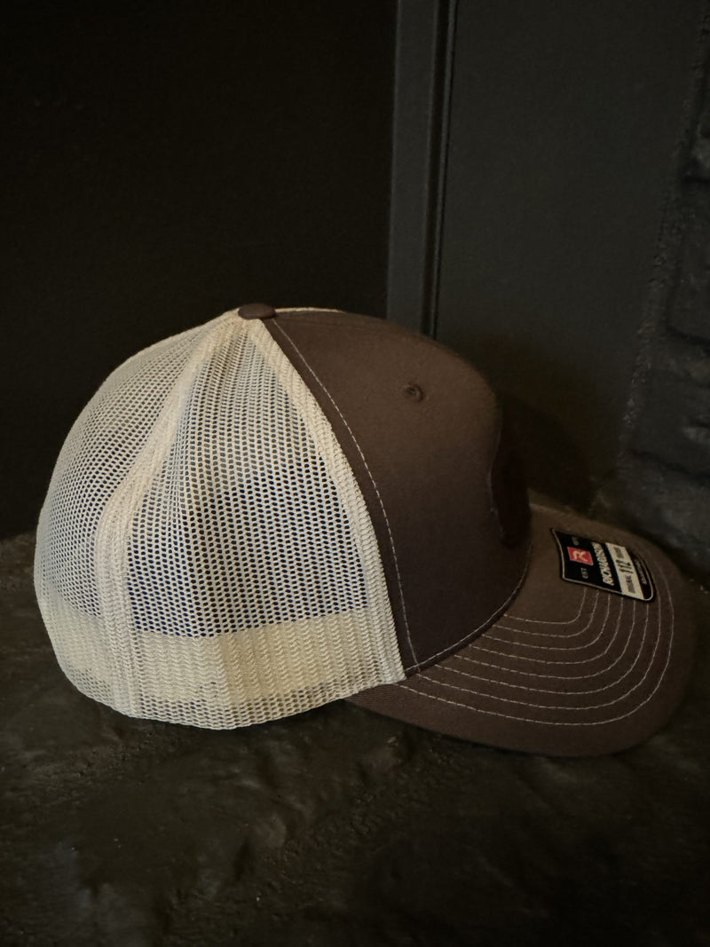Load image into Gallery viewer, Rad Accessories Snap Back Leather Patch Trucker Hat Chocolate Chip &amp; Birch
