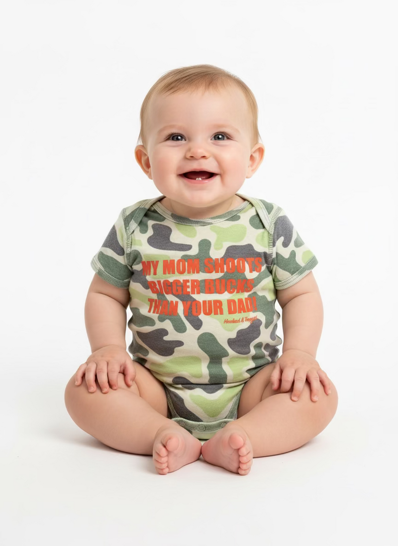 Load image into Gallery viewer, &quot;My Mom Shoots Bigger Bucks Than Your Dad&quot; Onesie
