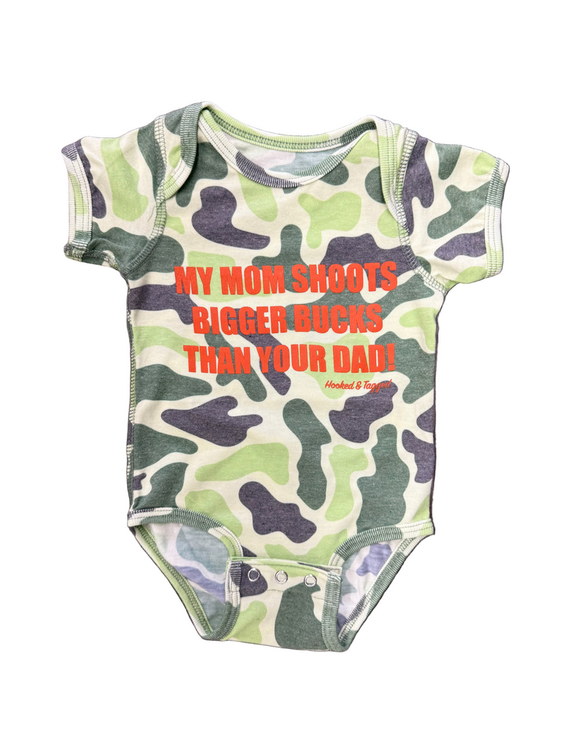 Load image into Gallery viewer, &quot;My Mom Shoots Bigger Bucks Than Your Dad&quot; Onesie
