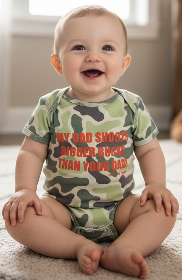Load image into Gallery viewer, “My Dad Shoots Bigger Bucks Than Your Dad" Onesie

