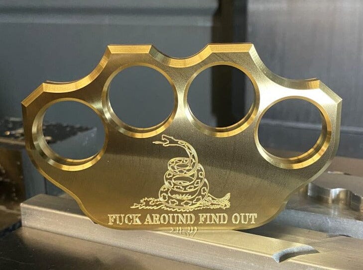 Load image into Gallery viewer, Milspin 3/4lb Brass Knuckle F*ck Around Find Out Solid Brass Paperweight

