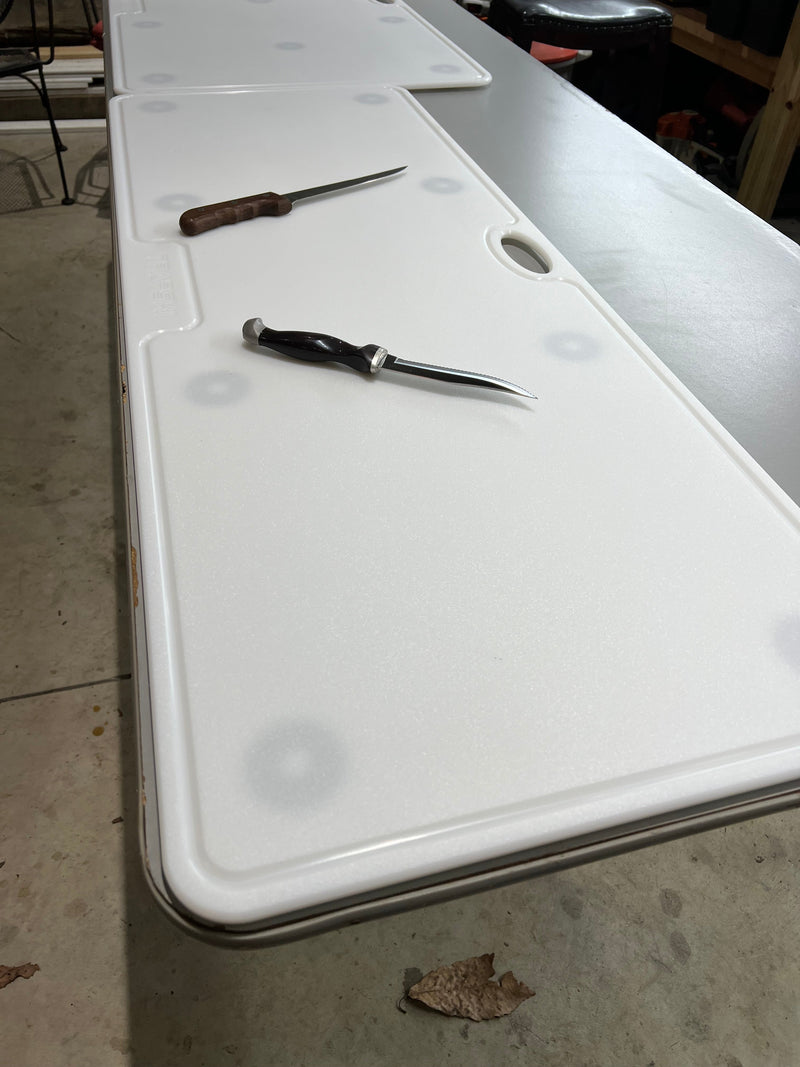 Load image into Gallery viewer, Big Game Cutting Chopping Board 3/8 Inch Thick | Food-Grade HDPE Optional Non-Skid Rubber Feet, Wide Juice Groove | 32 or 48 in x 18 in or 24 in for Tailgates, Coolers and Tables | Easy Grip Handle
