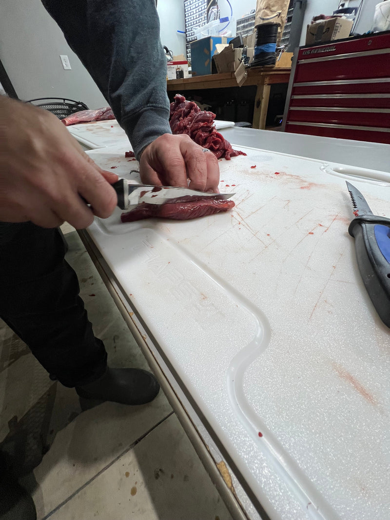 Load image into Gallery viewer, Big Game Cutting Chopping Board 3/8 Inch Thick | Food-Grade HDPE Optional Non-Skid Rubber Feet, Wide Juice Groove | 32 or 48 in x 18 in or 24 in for Tailgates, Coolers and Tables | Easy Grip Handle
