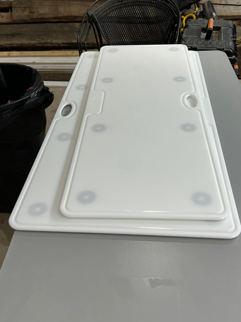 Load image into Gallery viewer, Big Game Cutting Chopping Board 3/8 Inch Thick | Food-Grade HDPE Optional Non-Skid Rubber Feet, Wide Juice Groove | 32 or 48 in x 18 in or 24 in for Tailgates, Coolers and Tables | Easy Grip Handle
