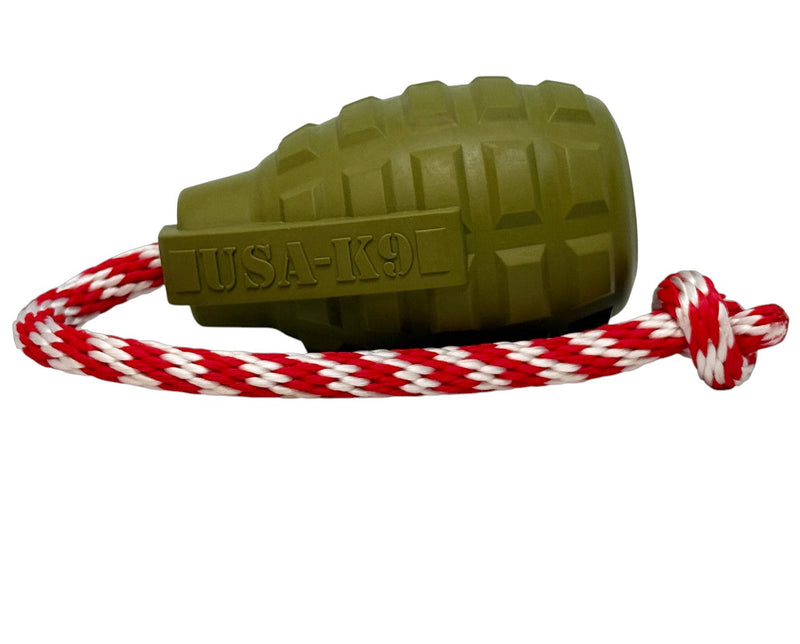 Load image into Gallery viewer, USA-K9 Grenade Shaped Rubber Dog Toy - Chew, Treat Dispenser &amp; Tug Toy | USA - Army Green
