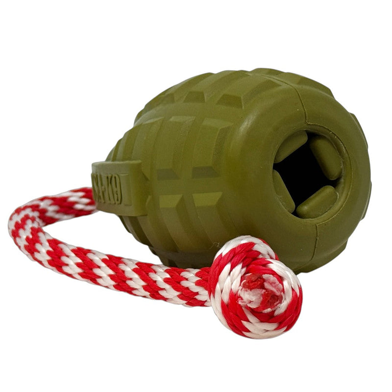Load image into Gallery viewer, USA-K9 Grenade Shaped Rubber Dog Toy - Chew, Treat Dispenser &amp; Tug Toy | USA - Army Green
