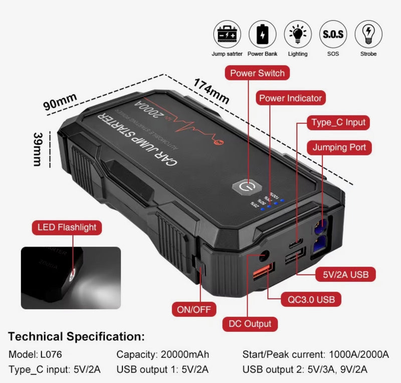 Load image into Gallery viewer, 2000A Car Jump Starter Booster Jumper Box Power Bank Battery Charger Portable US
