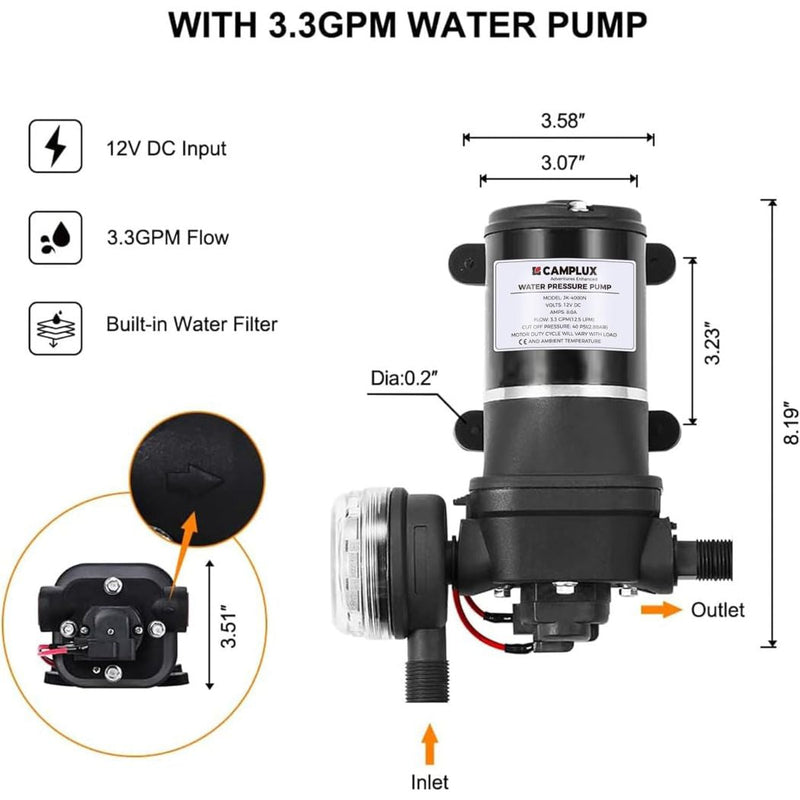 Load image into Gallery viewer, Camplux JK-4000 12V Water Pressure Diaphragm Pump 3.3GPM, 40PSI, 12.5LPM for RV Camper, Marine Boat, Lawn
