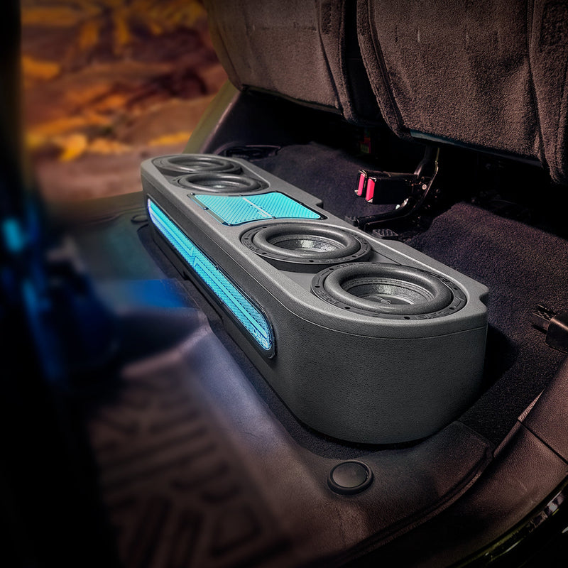 Load image into Gallery viewer, Jeep JT Gladiator Loaded Under Rear Seat Subwoofer Enclosure with 4 X 8" ZR8.2D, Leather Wrapped and Digital LED Lights | 1800 Watts RMS @ 1-Ohm
