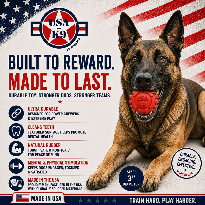 Load image into Gallery viewer, USA-K9 Stars and Stripes Rubber Dog Toy | K9 Handler Reward Toy | Red | USA Made
