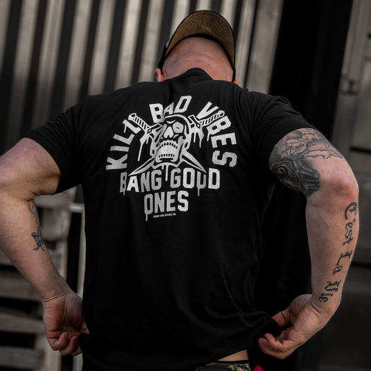 Kill Bad Vibes. Bang Good Ones Skull Men's T-Shirt
