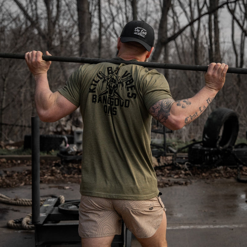 Load image into Gallery viewer, Kill Bad Vibes. Bang Good Ones Skull Men's T-Shirt
