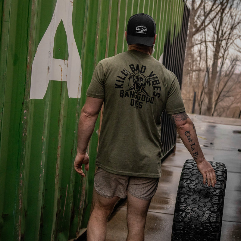 Load image into Gallery viewer, Kill Bad Vibes. Bang Good Ones Skull Men's T-Shirt
