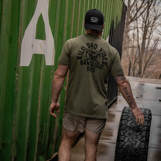 Kill Bad Vibes. Bang Good Ones Skull Men's T-Shirt