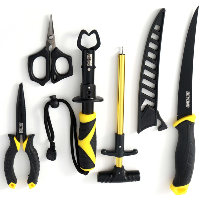 Load image into Gallery viewer, Beyond Braid Fishing 5-Piece Fishing Tool Kit - Pliers, Fillet Knife, Hook Remover, Lip Gripper, and Braid Scissors
