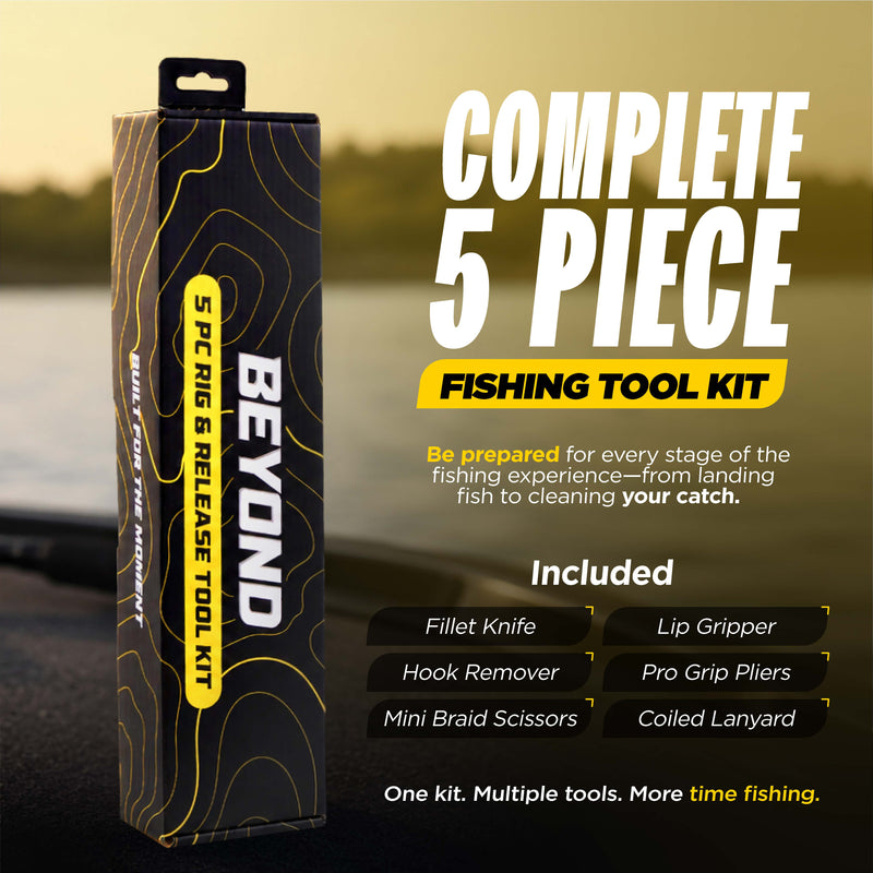 Load image into Gallery viewer, Beyond Braid Fishing 5-Piece Fishing Tool Kit - Pliers, Fillet Knife, Hook Remover, Lip Gripper, and Braid Scissors
