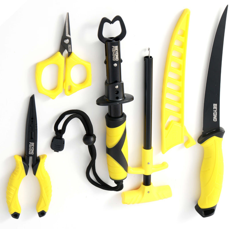 Load image into Gallery viewer, Beyond Braid Fishing 5-Piece Fishing Tool Kit - Pliers, Fillet Knife, Hook Remover, Lip Gripper, and Braid Scissors

