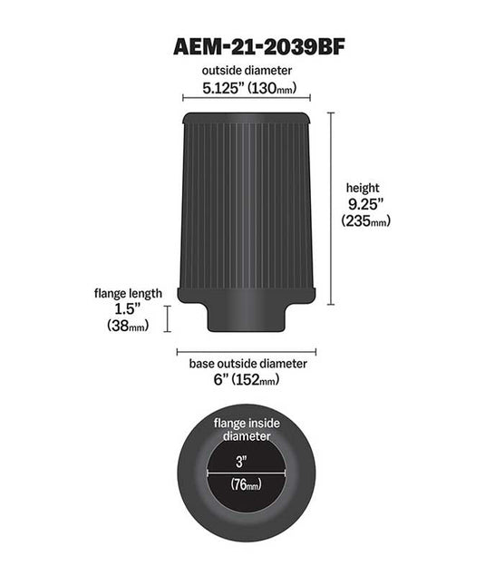 AEM Induction AEM Dryflow 3in. X 9in. Round Tapered Air Filter 21-2039BF