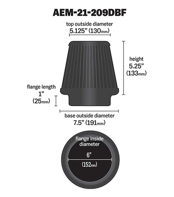 Load image into Gallery viewer, AEM Induction AEM DryFlow Air Filter 7.5in Base OD / 5.125in Top OD / 6in Flange ID / 6.125in Height 21-209DBF
