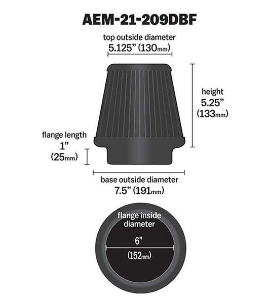 AEM Induction AEM DryFlow Air Filter 7.5in Base OD / 5.125in Top OD / 6in Flange ID / 6.125in Height 21-209DBF