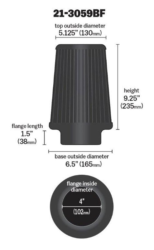 AEM Induction AEM Replacement Universal DryFlow Round Tapered Filter 4in Flg ID/5.125in Top OD/6.5in Base OD/9in H 21-3059BF
