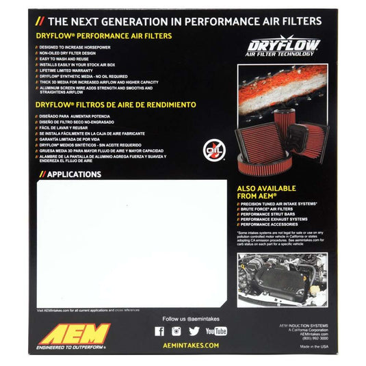 AEM Induction AEM 08 Hyundai Genesis Coupe 2.0L/3.8L L4/V6 10.5in O/S L x 8.75in O/S W x 2.219in H DryFlow Filter 28-20958