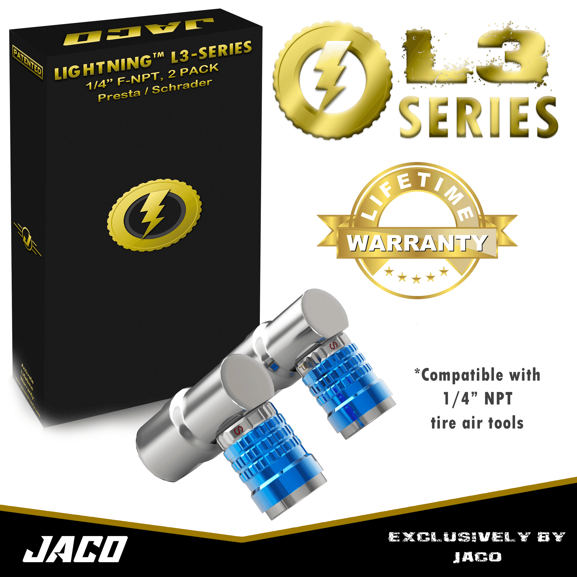 Lightning™ L3-Series Bike Tire Air Chuck - 1/4" F-NPT (Presta + Schrader Valves) | Open Flow (2 Pack) - Skoutley Outdoors LLC