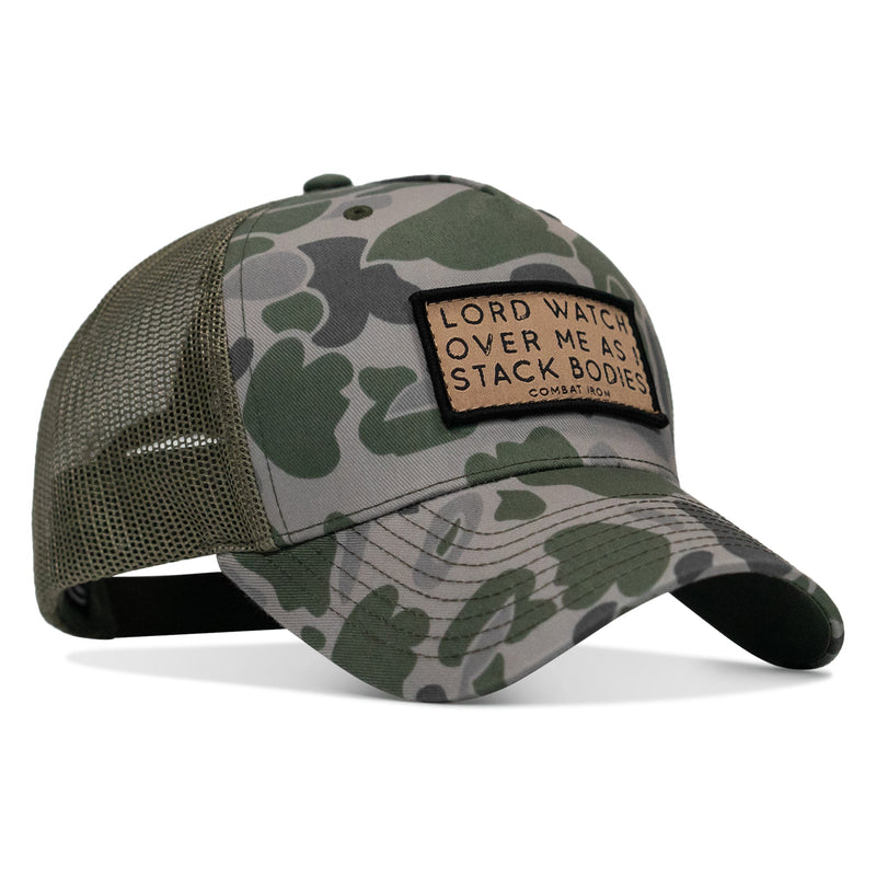Load image into Gallery viewer, Lord Watch Over Me As I Stack Bodies Tan Patch Snapback Hat
