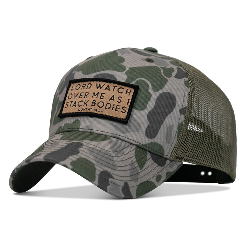 Load image into Gallery viewer, Lord Watch Over Me As I Stack Bodies Tan Patch Snapback Hat
