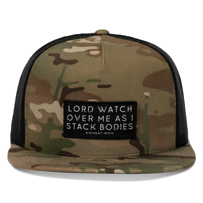 Load image into Gallery viewer, Lord Watch Over Me As I Stack Bodies Patch Flatbill SnapBack Hat
