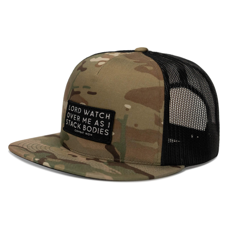 Load image into Gallery viewer, Lord Watch Over Me As I Stack Bodies Patch Flatbill SnapBack Hat
