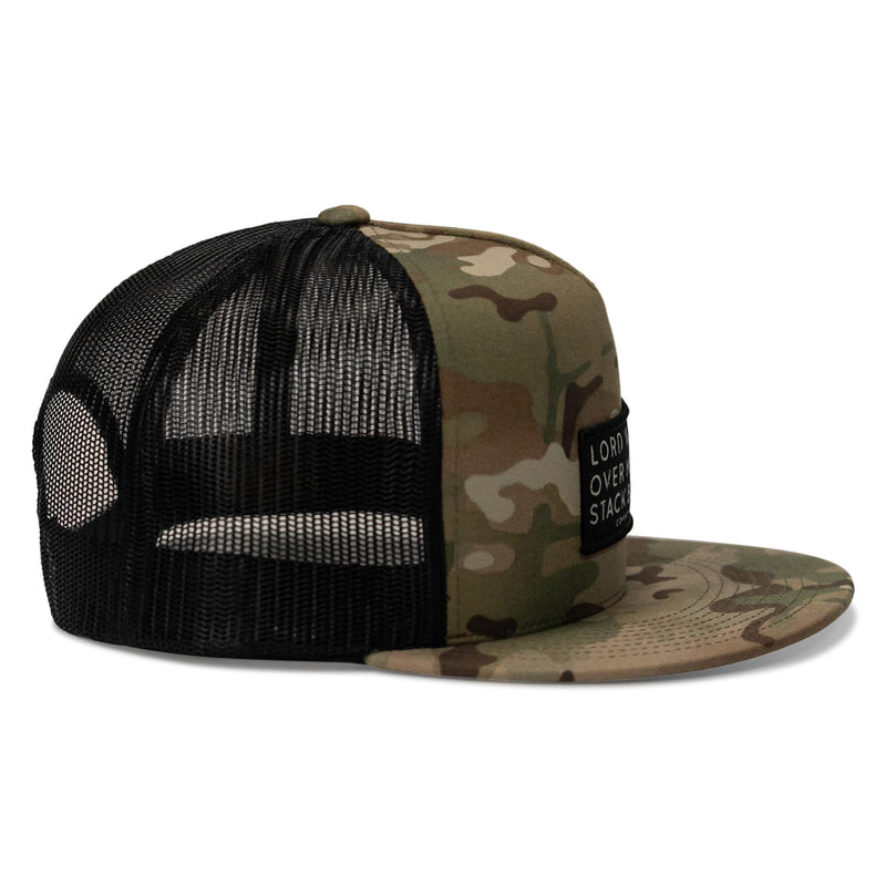 Load image into Gallery viewer, Lord Watch Over Me As I Stack Bodies Patch Flatbill SnapBack Hat
